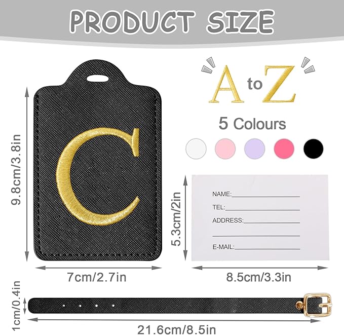 Initial Luggage Tags for Suitcases, Cute Embroidered Letter Luggage Bag Suitcase Identifier Name Baggage Tag, PU Leather Travel Luggage Tags, Bag Tags for Men Women Kids Luggage Handbags(Black C)