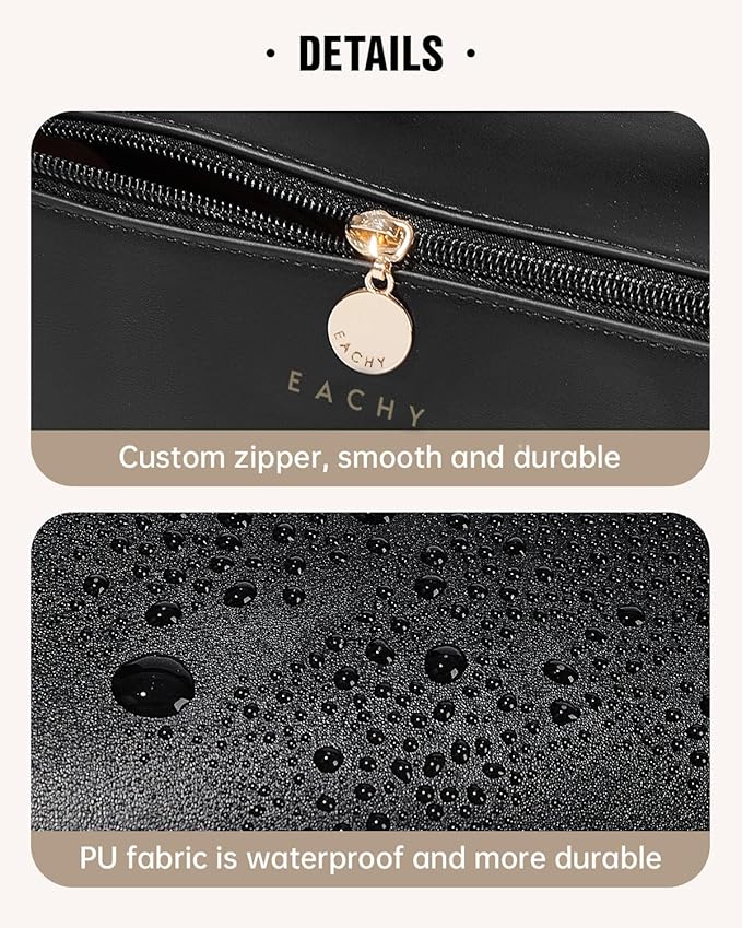 EACHY Travel Makeup Bag, Large Capacity Cosmetic Bag for Women, Waterproof PU Leather, Flat Open Portable Toiletry Bag for Skincare, Brushes & Travel Essentials