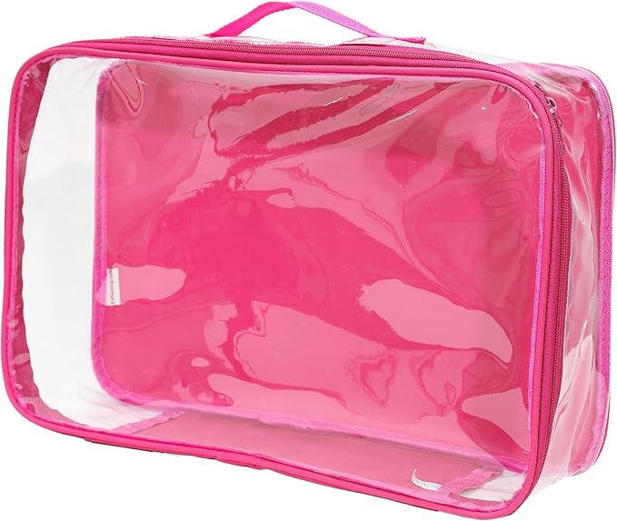 Large Clear Travel Packing Cube/See-Through PVC Organizer for Suitcase/Multipurpose Pouch w/Handle/Dress Shirts, Pants, Cashmere, Sweaters & Seasonal Linen Storage Protection (Pink)