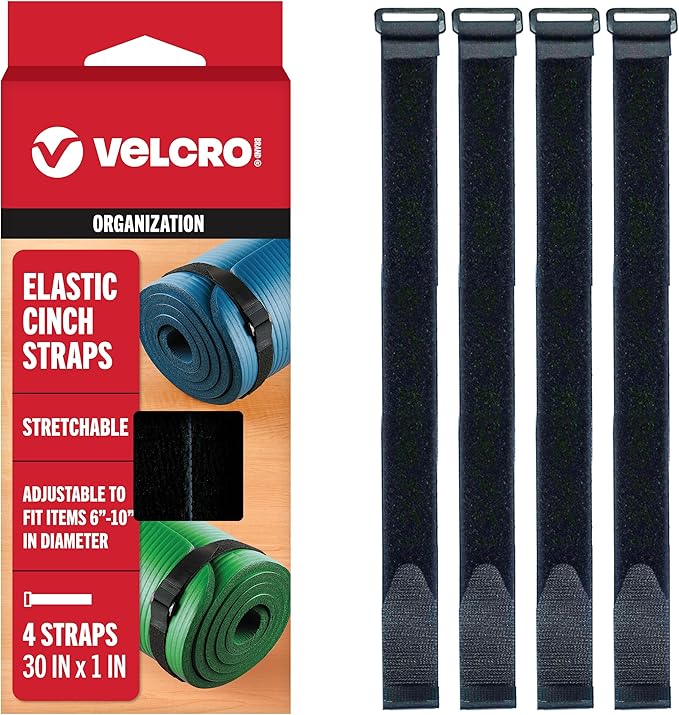 VELCRO Brand 30 Inch Elastic Straps 4 Pack, Use as Yoga Mat Straps, Fasten Outdoor Umbrellas, Wood, Tarps, Blankets, Poles and More, Stretchable and Adjustable for a Snug Fit