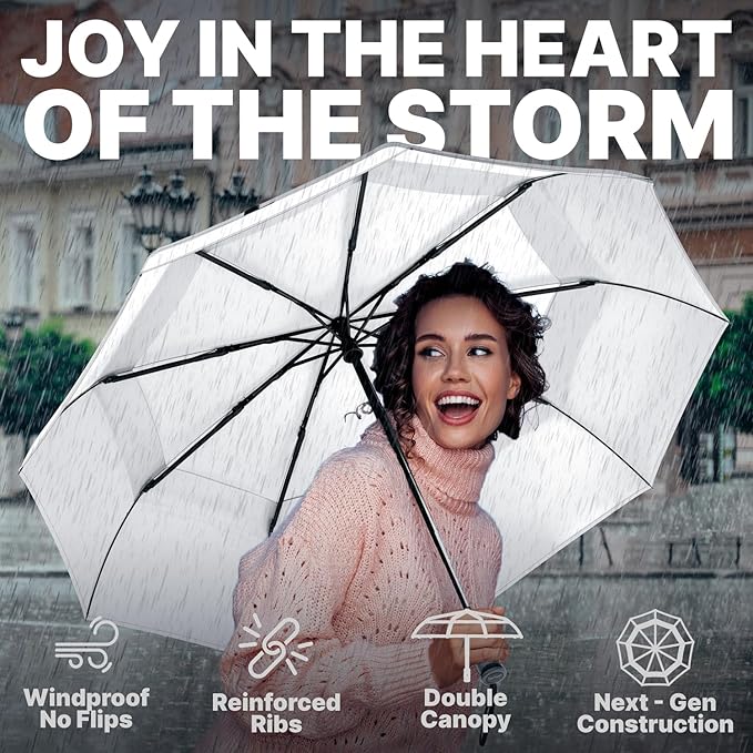 Royal Walk Windproof Folding Travel Umbrella Compact and Strong Luxurious Real Wood Handle Automatic Open Close Vented Double Canopy for Men and Women (White)