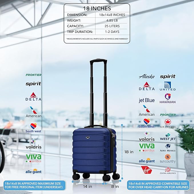 Flight Knight Carry On Suitcase 18x14x8" Hardside Built In TSA Lock & USB Port Lightweight Luggage Silent Double Spinner Wheels Maximum Underseat Carry-On Bag For American & United Approved Airlines