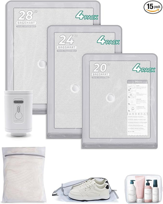 BAGSMART Vacuum Storage Bags with Portable Pump, Travel Space Saver Bags for Clothes, Heavy Duty Compression Bags for Storage, Vacuum Seal Bags with Hand Pump, Travel Essentials for Packing-Gray