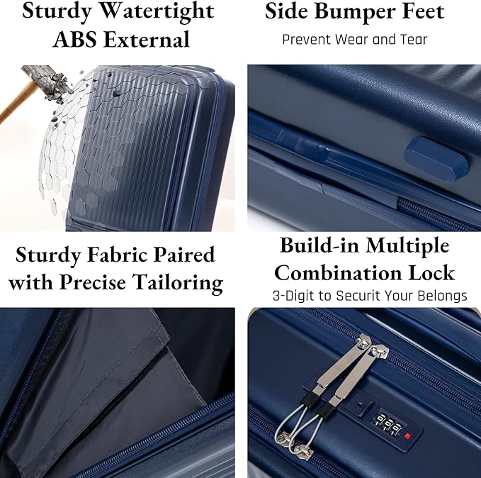 2 Pcs ABS Spinner Luggage Set - 14" Cosmetic Case & 20" Carry-On with Combination Lock, Front Opening Design, Navy Blue