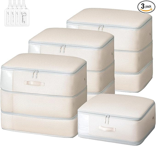 Comforter Storage Bag - Ultra Space Saving Self Compression Organizer 110L, Large Capacity Blanket Storage Bags, Washable Compression Bags for Storage 3 Pack, Beige