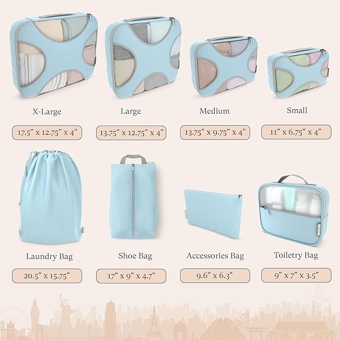 Shacke Packing Cubes for Travel 8 Set - Compression Luggage Organizer Bags - Versatile Travel Organizer for Women and Men - Optimized Packing Bags - Travel Essentials(Sky Blue)