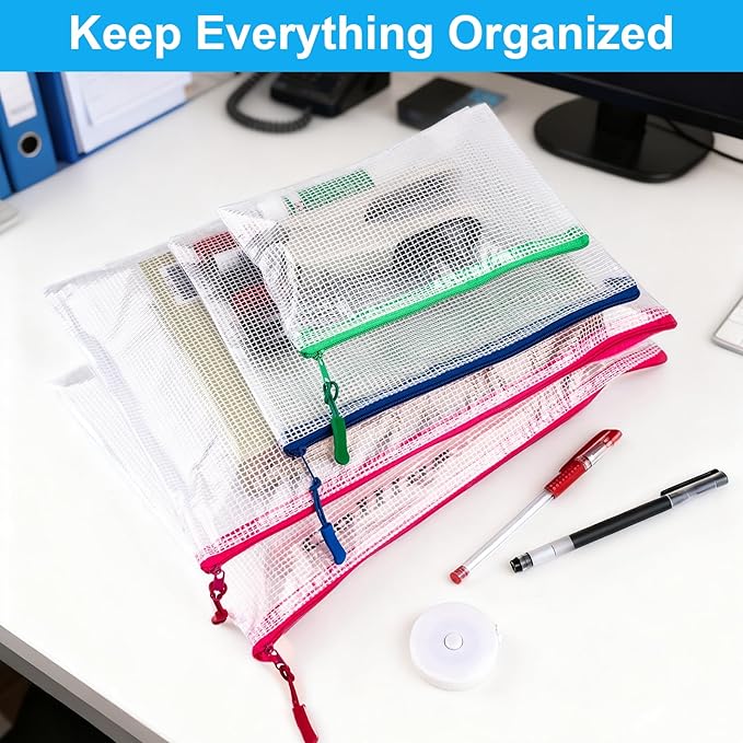 24 Pcs Mesh Zipper Pouch Bags, Plastic Zipper Pouches for Classroom in 8 Sizes, Waterproof Mesh Zipper Bags for Organizing, Clear Zipper Pouches for Organizing, Travel, Office Supplies