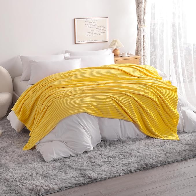 NTBAY Plush Flannel Twin Bed Blanket, 60X80 Inches Soft and Warm Lightweight Blanket with Striped Texture Bed Blanket for Couch Sofa Bed All Seasons, 60"x80", Yellow