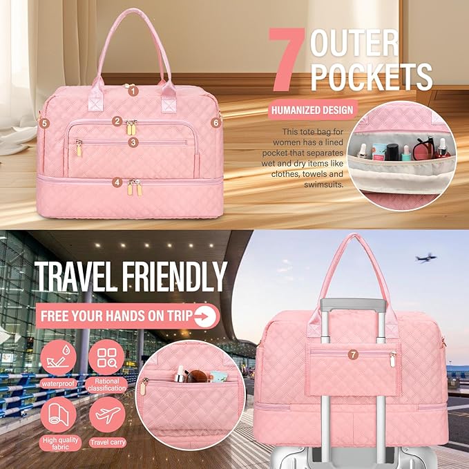 Large Travel Duffle Bag for Women,Carry on Overnight Bag Weekender Bags with Toiletry Bag Travel Bags for Women with Shoe Compartment for Gym Business Trips Sport Hospital(Pink)