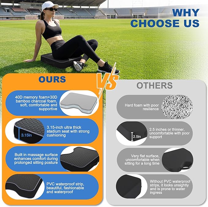 Stadium Seat Cushions for Bleachers 2 Pack - 3.15" Extra Thick Portable Bleacher Seats with Memory Foam & Massage Dots, Comfortable Waterproof Outdoor Chair Pads for Sporting Events, Travel, Camping