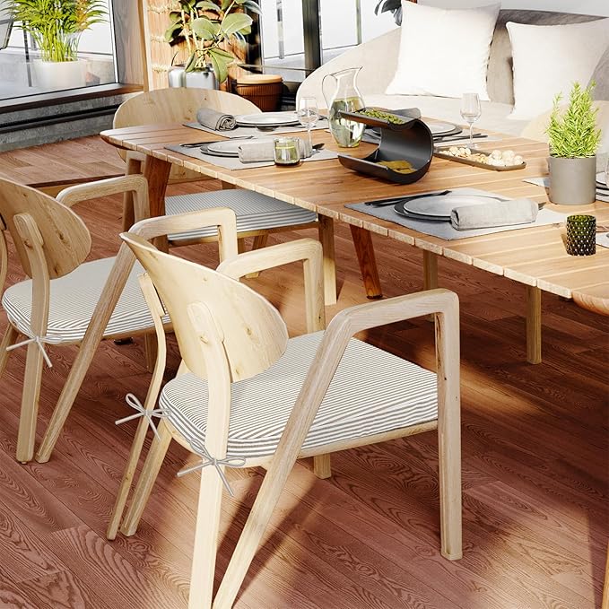 AAAAAcessories D-Shaped Chair Cushions, 2" Thick Dining Chair Pads with Ties and Removable, Machine-Washable Cover, 17" x 16", Set of 2, Natural Sand Pinstripe