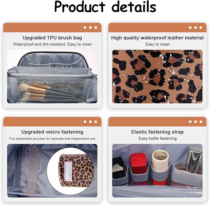 BOYATU Travel Makeup Bag for Women: 3 Pcs Set Portable Make up Bags with Handle - Leopard Print Cosmetic Bags with Comparments - Waterproof Vegan Leather Toiletry Bag (A-1-Brown)
