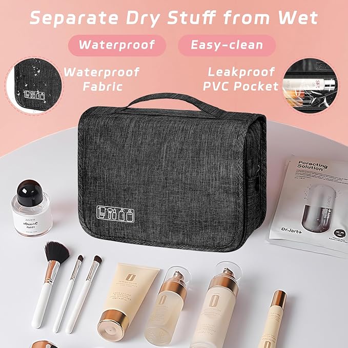 Toiletry Bag Travel Bag with Hanging Hook, Waterproof Capacity Hanging Multifunctional Makeup Bag for Toiletries, Portable Cosmetic Bag Travel Organizer for Women and Men(Black)