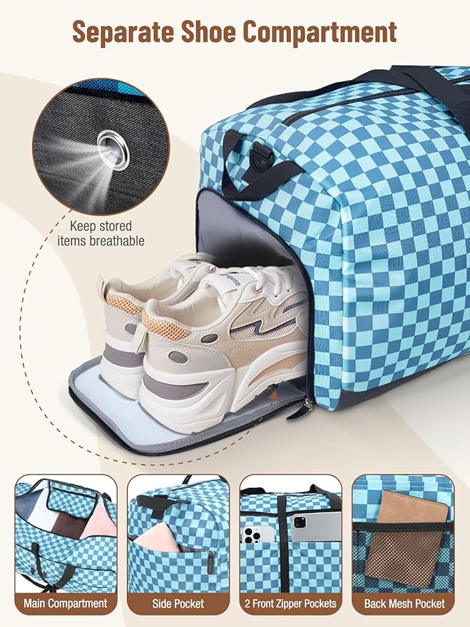 Lekesky Foldable Travel Duffle Bag for Women, Large Duffel Bag with Separate Shoes Compartments & Straps, Carry On Weekend Bag for Women, Hospital, Overnight (Green Gingham, 80L)