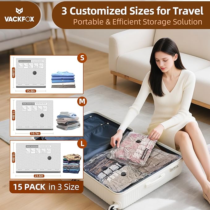 15 Pack Vacuum Seal Bags with Wireless Rechargeable Electric Pump,Vacuum Storage Bags with LED Light (5L+5M+5S),Vacuum Bag with Electric Pump,Space Saver for Clothes and Clothing Travel