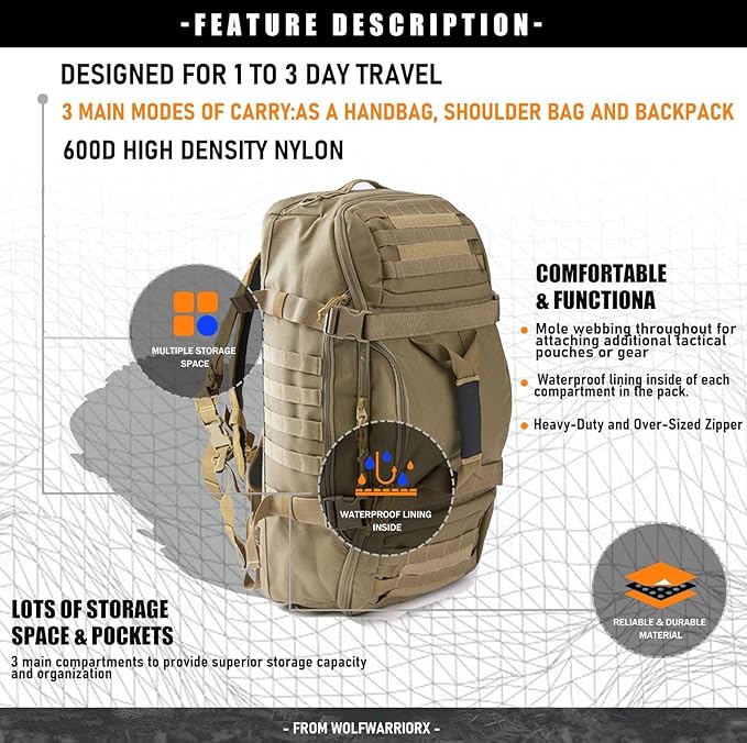 Travel Duffle Bag Backpack for Men - Large Tactical Bags Weekender Gym Bag for Overnight Traveling Military Workout Deployment Sports (Coyote, 25L)