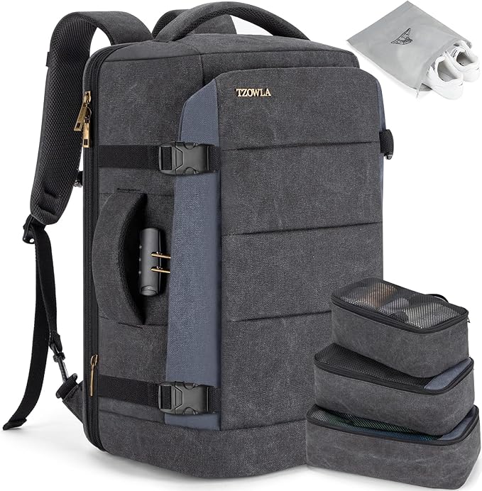 Tzowla 40L Canvas Expandable Travel Laptop Backpack for Men Women Carry on Flight Approved,Large Capacity Anti Theft Backpacks,Vintage Personal Item Bag Fit 17.3" Laptop(Black & Blue)
