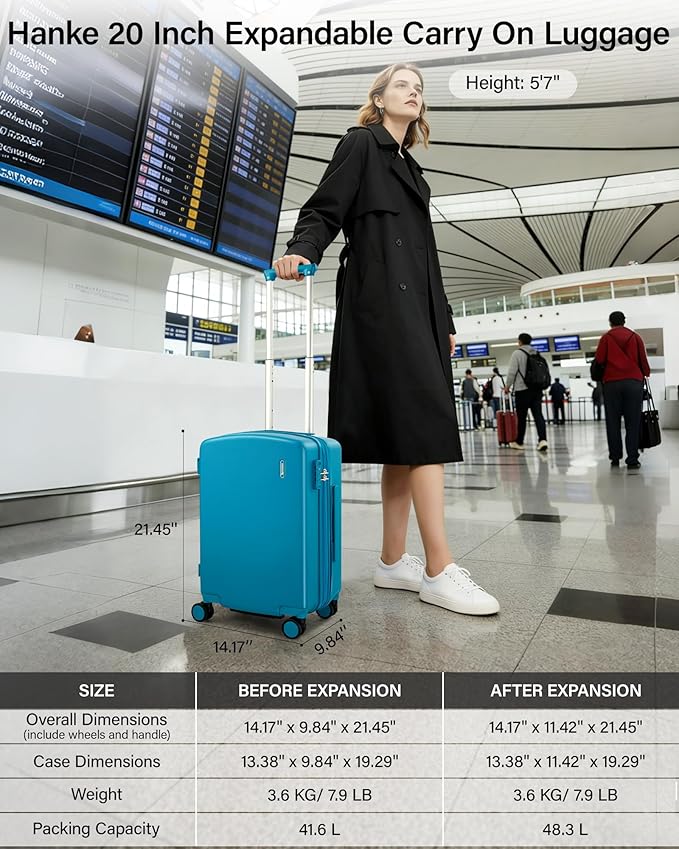 Hanke Expandable Carry On Luggage 22x14x9 Airline Approved, 20 Inch Hard Shell Suitcases with Wheels, Lightweight Travel Luggage Carry On Suitcase for Woman & Men with Tsa Lock(Caribbean Blue)