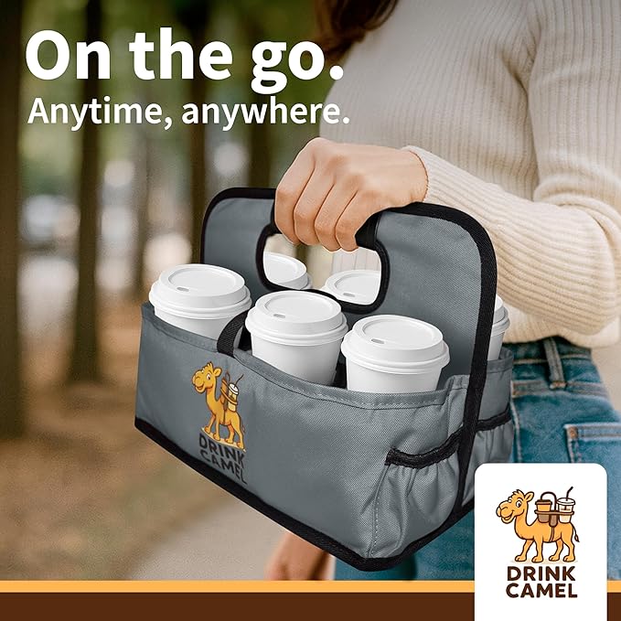 Reusable Drink Carrier with Handle, Foldable 6 Cup Drink Holder Carrier for Delivery, Coffee Cup Carrier, Portable Cup Holder Bag for Drinks, to Go Beverage Drink Organizer (Grey)