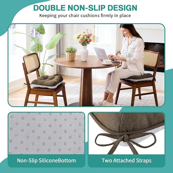 BETU Chair Cushions for Dining Chairs Set of 6,3.5" Thick Kitchen Table Chair Pads with Ties,Non Slip Backing and Covers, Seat Cushion for Dining Room,Bar,Patio Chairs,16"X16"X3.5",Brown