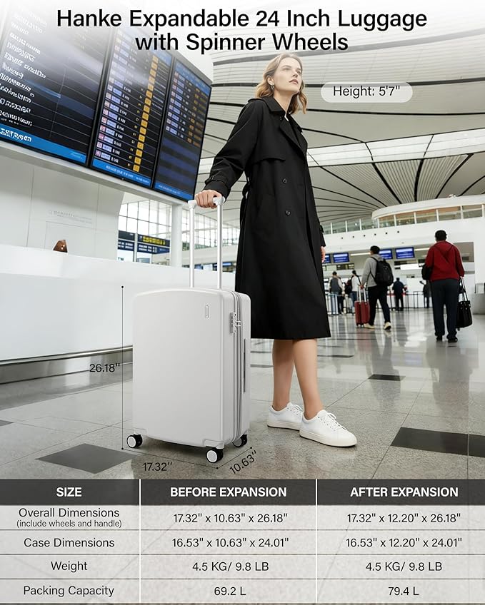 Hanke 24 Inch Expandable Hard Sided Luggage with Spinner Wheels, Checked Luggage for Travel, Hard Shell Suitcases With Wheels Durable Medium Suitcase for Woman Men with Tsa Lock(Smoke White)