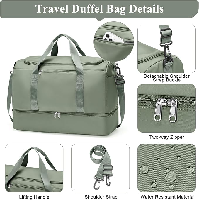 Large Duffle Bag for Travel,Carry-On Overnight Weekender Bags for Women,Travel Duffel Bag,Green
