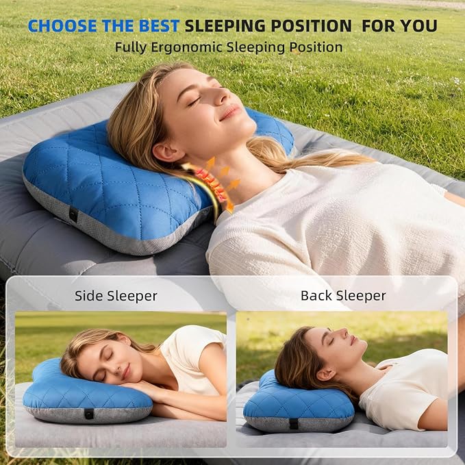 aiGear Inflatable Camping Pillow, Ultralight Compact Air Pillow Ergonomic Neck & Lumbar Support Portable Inflatable Pillow with Removable Washable Cover for Travel Backpacking Hiking (Blue)