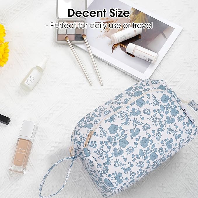Narwey Cute Floral Makeup Bag Wide-open Make up Bag Travel Cosmetic Organizer Toiletry Bag for Cosmetics Toiletries Accessories (Blue Flower)