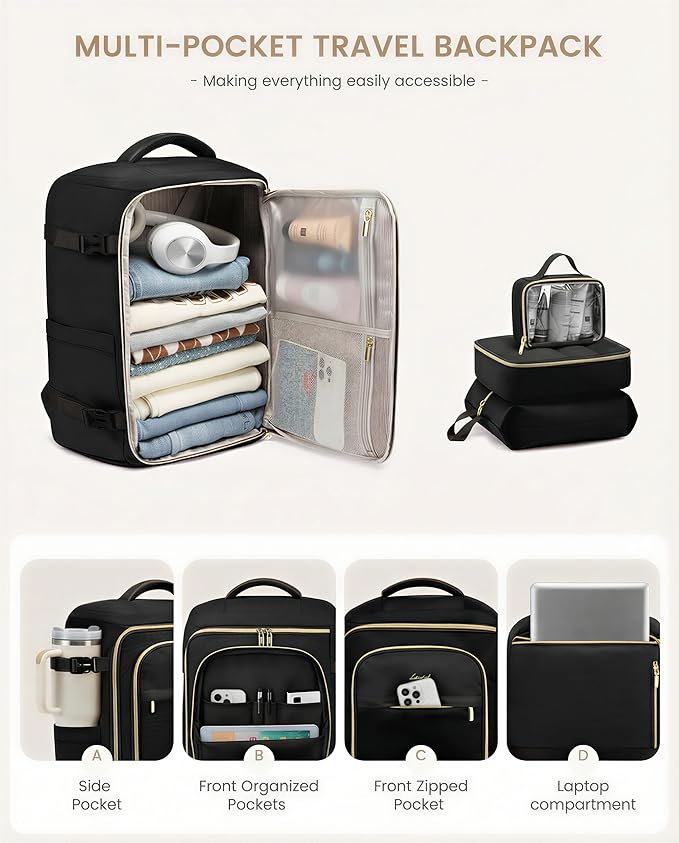 LOVEVOOK 40L Travel Backpack Carry on Flight Approved, Personal Item Bag with 3 Packing Cubes, Travel Backpack for Women Fits 17" Laptop, Water-resistant Carry On Bag for Airplanes