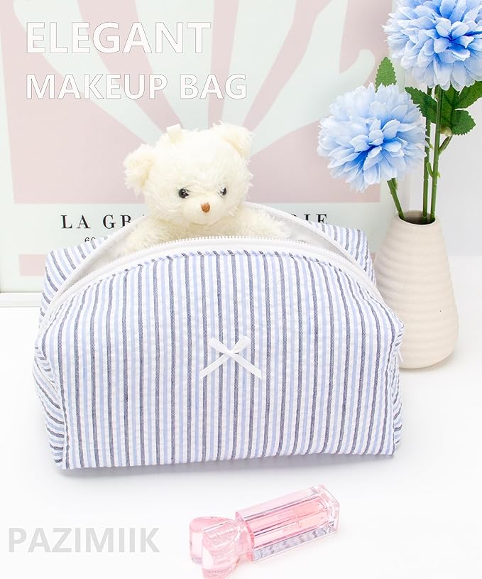 PAZIMIIK 2PCS Cozy Makeup Bag Small Aesthetic Travel Zipper Cosmetic Pouch for Women Make Up Beauty Accessories Brushes, Stripe Blue Mix
