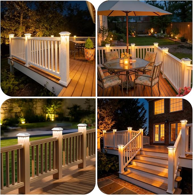 16 Pack 4x4 Solar Post Light, 3 Mode Wooden Vinyl Fence Cap, White | 3 color temperatures, Waterproof LED Solar Post Lights, Patio Porch Decor, Only Fit Two True Size Post: 3.5''x3.5'', 4''x4''