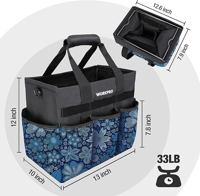WORKPRO Garden Tool Bag Organizer, Heavy Duty Gardening Tote Bag with 10 Pockets and Long Adjustable Shoulder Strap, Standable Garden Home Tool Kits Organizer, Floral Blue (Tools are not Included)