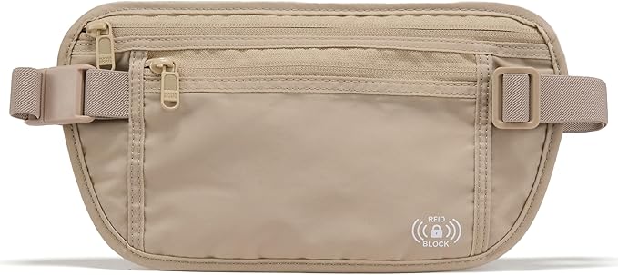 Pander RFID Blocking Travel Money Belt – Hidden Waist Pouch for Passport, Cash, Cards, Slim Belt Bag for Men and Women, Raw Line
