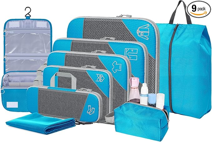 9-Set Packing Cubes with Hanging Bag | 9-Size Combination, Mesh Fabric & Reflective Stripe | Travel Luggage Organizers (sky blue)