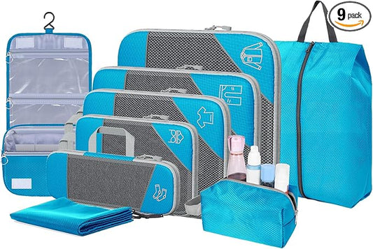 9-Set Packing Cubes with Hanging Bag | 9-Size Combination, Mesh Fabric & Reflective Stripe | Travel Luggage Organizers (sky blue)