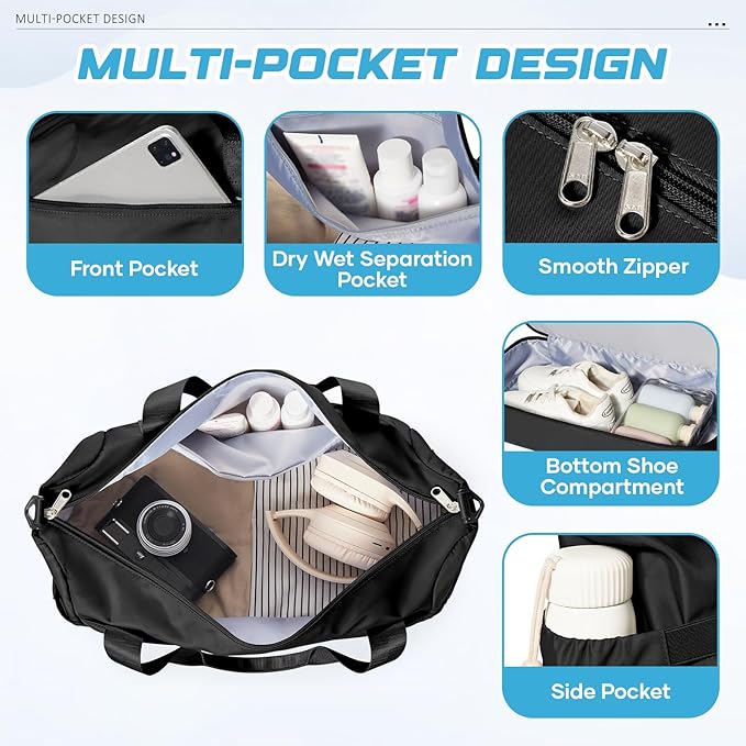 Small Black Gym Duffle Bag for Women Men with Shoe Compartment, Mini Cute Weekender Handbag Carry on Travel Bag for Airplane, Water Resistant Sports Yoga Tote Bag with Dry Wet Separated Pocket.