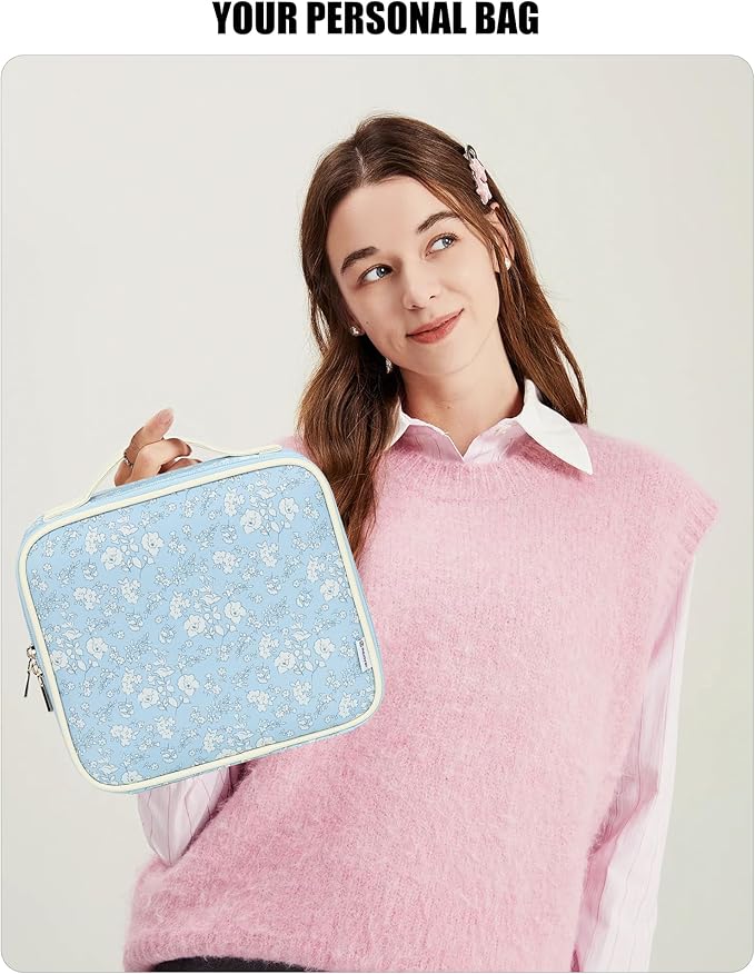 Relavel Travel Makeup Bag With LED Mirror for Women, Cosmetic Organizer Bag with Adjustable Brightness in 3 Color Scenarios, Detachable Dividers, Waterproof Train Case for Daily - White Flower