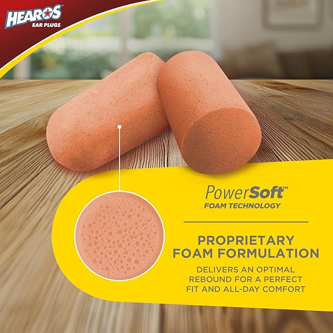 HEAROS Ultimate Softness Foam Disposable Earplugs, NRR 32, 100 Pair, PU Foam, Hearing Protection, Beige (5299)