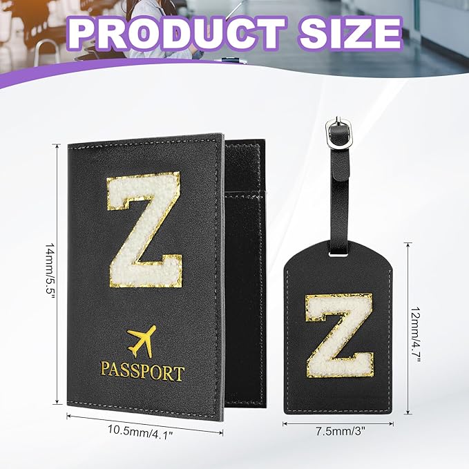 PATIKIL Passport Holder for Travel, Initial Passport Cover and Luggage Tag Set with Alphabet Chenille Letter Patch Travel Wallet Bag Suitcase Identifier for Women Family Travel Black Z