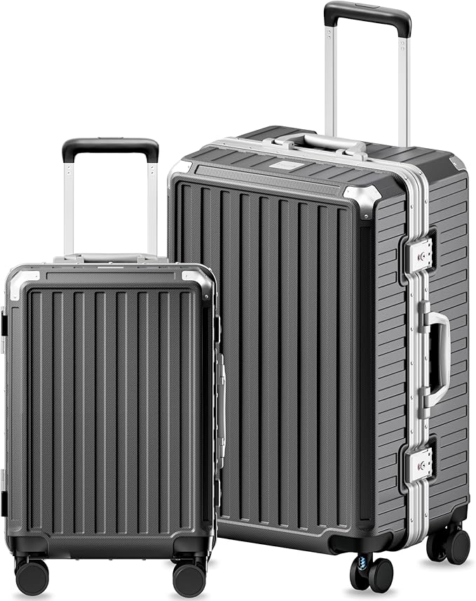 Luggage Sets with Spinner Wheels, 8010S Aluminum Frame Zipperless Polycarbonate Hard Shell Suitcase Sets (ZX-Core, Charcoal Metallic, 2 Piece (20/28))