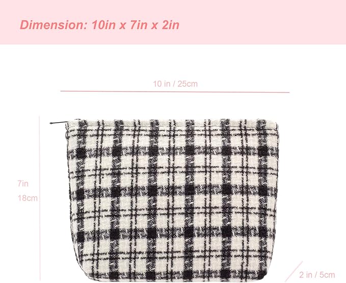 Makeup Bags for Purse Zipper Cosmetic Pouch Large Travel Canvas Make Up Organizer Tool Pouch for Women and Girls,Plaid Black