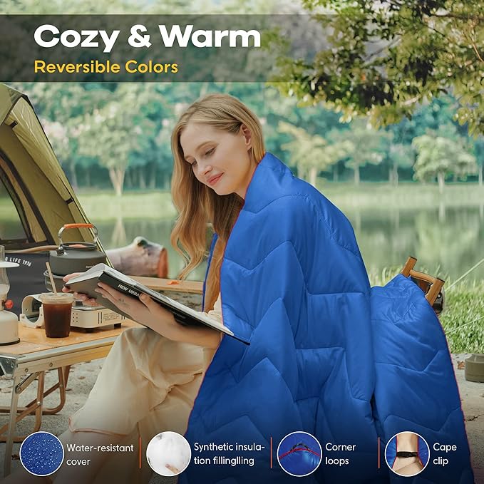 UNIKOME Waterproof Puffy Camping Blanket - Lightweight Packable Outdoor Quilt with Corner Loops, Warm Compact Blanket for Cold Weather Hiking Picnic Stadium Travel, 75"×52", Blue