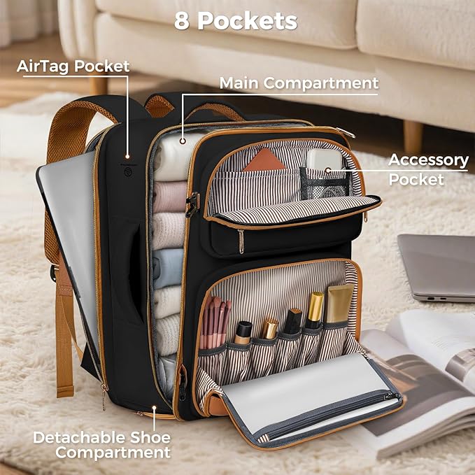 Taygeer Frontier Airlines Personal Item Bag 18x14x8, Underseat Carry on Backpack with Makeup Compartment, 40L Travel Backpack for Women & Men Fits Spirit Frontier Allegiant, Black Brown