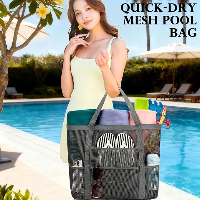 Fammart Mesh Beach Bag, Large Beach Tote with Zipper Pocket, Toys Pool Bag for Family Travel Vacation Cruise Essentials