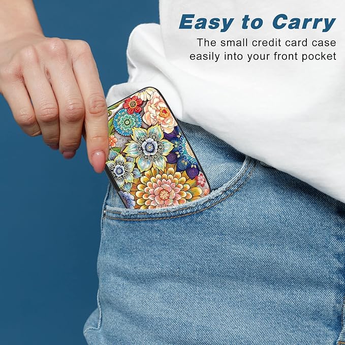 Credit Card Holder, Mini Aluminum Card Wallet RFID Blocking Slim Metal Hard Card Case for Women Men, Mandala Flower