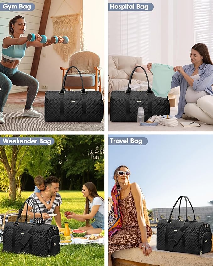 Women Weekender Travel Duffle Bag: Travel Duffel Overnight Bags with Shoe Compartment Large Carry on Tote with 2 Toiletry Bags Weekend Traveling Yoga Gym Hospital Bag for Womens with Wet Pocket Black