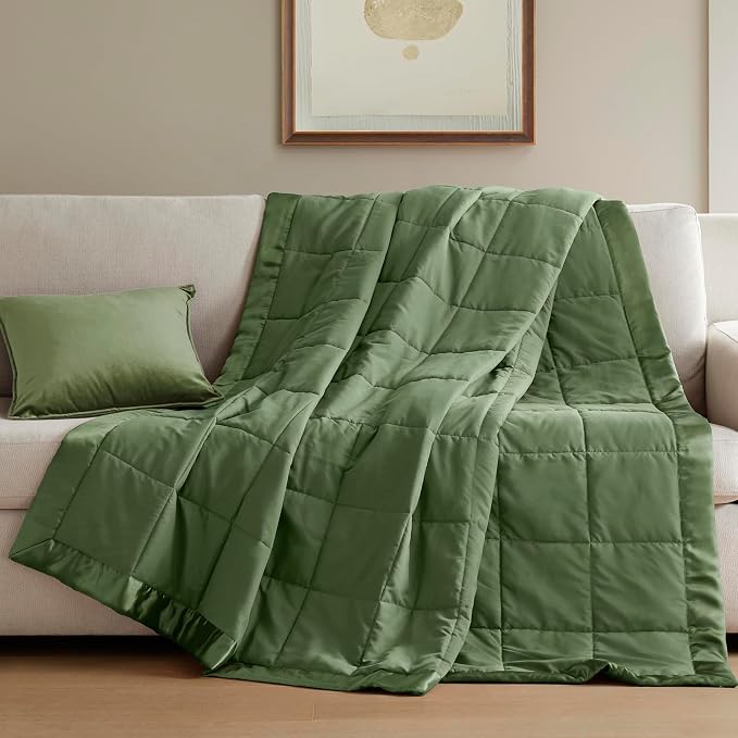 Madison Park Down Alternative Twin Size Blanket for Bed, Satin Trim, Green | Lightweight Windom Blanket Premium 3M Scotchgard Moisture Wicking Treatment, OEKO TEX, Soft Bed Cover, All Season