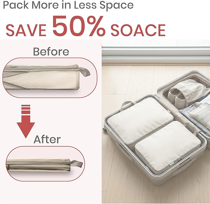 Compression Packing Cubes for Travel, Set of 4 Expandable Luggage Organizers with Shoe Bag, Lightweight Water-Resistant Suitcase Essentials for Carry-on & Checked Luggage, Cream