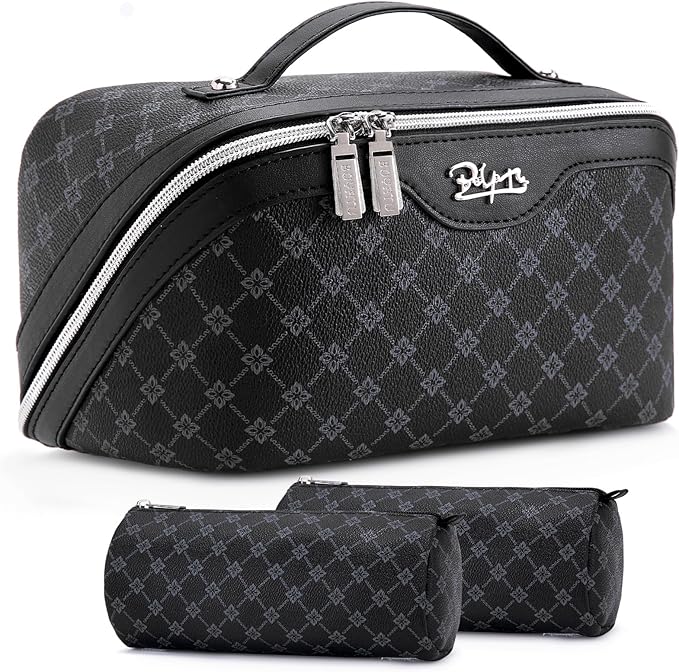 BOYATU Travel Makeup Bag Cosmetic Bags for Women: 3 Pcs Set Large Capacity Make up Bag with Handle - Vegan Leather Toiletry Bags with Compartments - Makeup Organizer for Travel Essentials(A-7-Black)