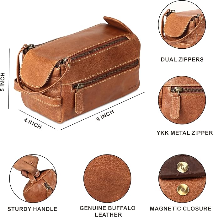 KomalC Premium Buffalo Leather Toiletry Bag for Men & Women With Water resistant Lining, Grooming Travel Pouch, Unisex Wash Bag for Toiletries, Gifts for Men and Women